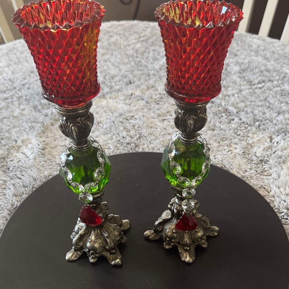 Hollywood Regency Green Lucite 8" Candlestick Holders Candles Mid Century Pair